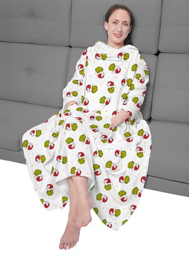 United Labels The Grinch - Coperta per TV con maniche e tasche, stampa allover, coperta soffice e coccolosa con grande tasca ventrale, coperta con maniche 130 x 170 cm, colore: Bianco