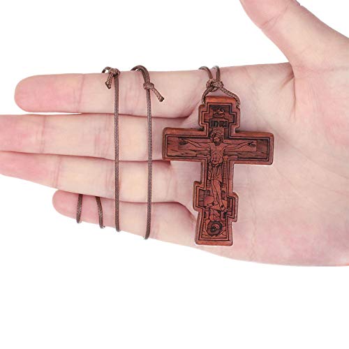 COTTVOTT Wood Orthodox Cross Pendant Necklace Christian Crucifix Necklace Prayer Jesus for Women Men4