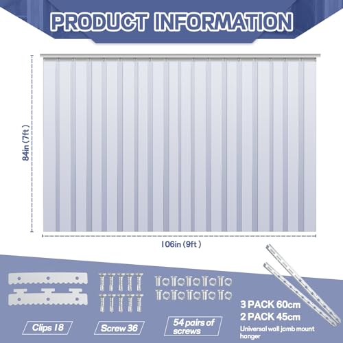Image of Juexica 106 x 84 Inch Plastic Strip Door Curtain Kit 0.08'' Walk in Cooler Curtains Thickness PVC Freezer Door Curtain Smooth Waterproof Hurricane Shutters Gate for Warehouse Garage Industry(Clear)