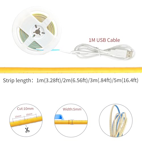 Image of 5V 5mm Width USB COB LED Strip Lights,6.56FT /2M,Natural White 4000K,400LEDs /M,8W /M,CRI90,1600lm,Electroplated Double-Sided Panel Light Strip,IP20,for Indoor Decoration
