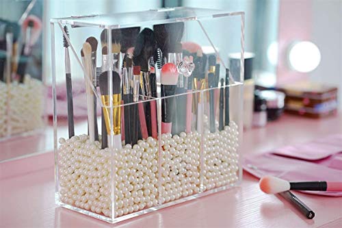 Acrylic Clear Covered Makeup Brush Holder with Dustproof Lid, Pearls Beads, Large Capacity for Cosmetic Brush Storage (Black).