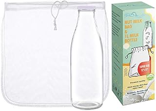 Nut Milk Bag Strainer Reusable 12"x12" with 1 Litre Glass Milk Bottle for Straining Almond, Soy, Oat Milk, Cold Brew Coffee, juicing, Vegan Greek Yogurt fine mesh Cheese Cloth