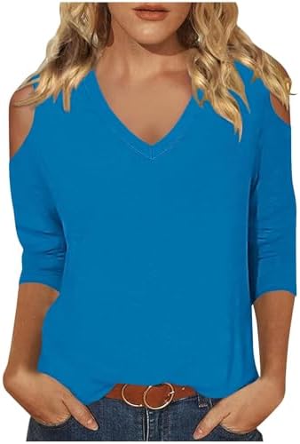 3/4 Length Sleeve Womens Tops Cold Shoulder Solid Basic Tees Shirts Casual V Neck Blouses Going Out Tops Clothes 2024