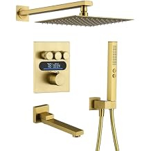 Lefton Shower System in Fahrenheit Display Battery-free, 10 Overhead Shower Head with All-in-one Handheld Spray Showerhead and Bathtub Faucet, 4-in-1 Control System, SSWM2502 Brushed Gold