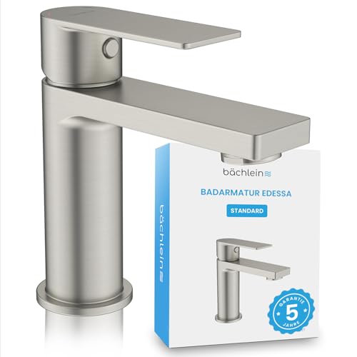 Bächlein Badarmatur Edessa in modernem Design, Einhebelmischer mit langlebiger Keramikkartusche und Montage-Set, Bad Wasserhahn Edelstahl Gebürstet