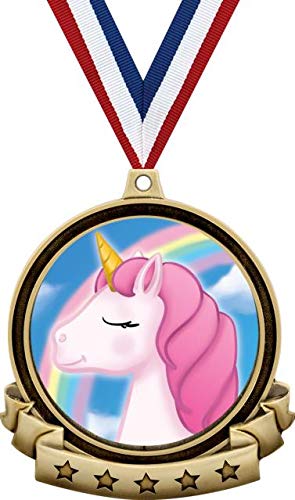 Unicorn Medals - 2.5" Gold Unicorn Medal Award Includes Red White and Blue Neck Ribbon, Great Unicorn Awards Prime