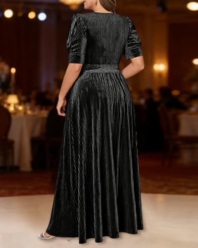 Image of Pinup Fashion Velvet Wedding Guest Dress - Fall Formal Holiday V Neck Empire Waist Long Dresses