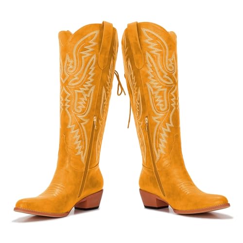 Image of Uillnoodu Wide Calf Cowboy Boots Women Adjustable Lace Up Knee High Tall Plus Size Cowgirl Boots Western Style Comfortable 2-Inch Heel