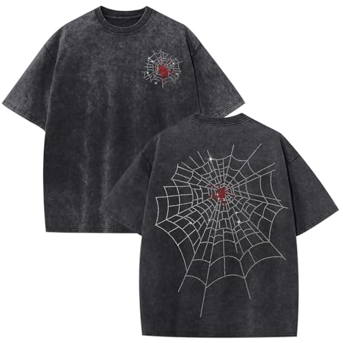 Oiiaayy Men's Rhinestone Graphic Tee Spider Grunge Shirts Vintage Oversized Acid Wash T Shirts Y2k Streetwear Cotton Tops(Black,S)