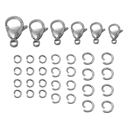 360 Pieces Clasps Sets 60 Pcs Mix 9-15mm Stainless Steel Lobster Clasps Claw Clasps and 300 pcs Open Jump Rings for Bracelet Necklace Jewelry Making Findings (M528)