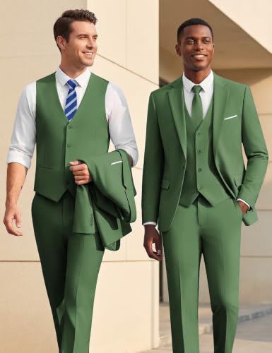 Image of WULFUL Men's Slim Fit Suit One Button 3-Piece Blazer Dress Business Wedding Party Jacket Vest & Pant