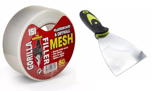 SELF-ADHESIVE FIBERGLASS MESH TAPE 50m & FILING SCRAPER KIT - Strong Durable Drywall & Plasterboard Joint Repair Mesh Tape for Cracks Walls Ceilings & Corners | Easy Apply for Smooth Seamless Finish