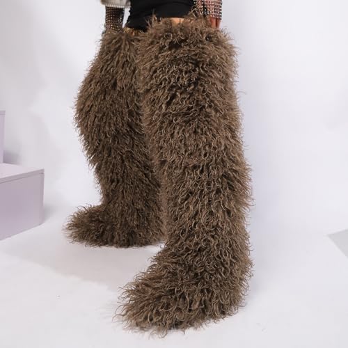 Image of Black Thigh High Fur Boots, Over the Knee Fluffy High Boots, Tall Furry shoes for Women