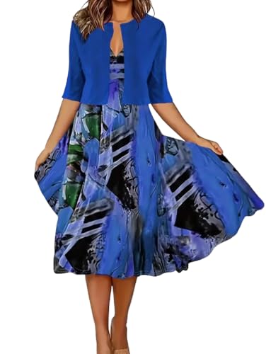 Nupucy Women's Blue Abstract Print Dress Set - Cropped Jacket