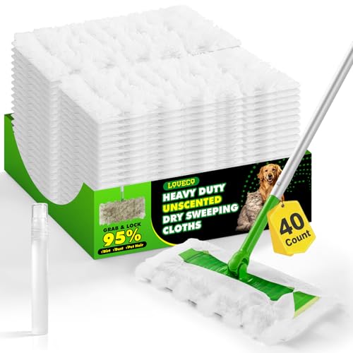 LOVECO Heavy Duty Dry Cloths Compatible with Swiffer Sweeper Mop Multi-Surface Pet Dry Pads Refills for Floor Sweeping and Cleaning Pet Hair & Dust Unscented Dry Sweeping Cloths 40 Count