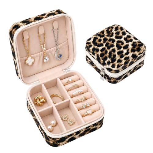Image of Bodeshis Travel Jewellery Box, 10x10x5 cm Leopard Print Mini Jewellery Organiser,Leopard Print Gifts, Portable Jewellery Storage, Multiple Compartments, Fashion Accessory Organiser