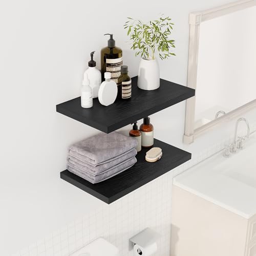Image of Dreamland 24 inch Floating Shelves for Wall, 12 inch Deep Slim Black Floating Shelves, Wall-Mounted Shelves for Bedroom, Living Room, Kitchen, Bathroom - Set of 2