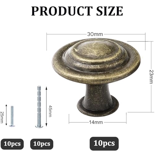 Misuyue Schrankknöpfe Vintage, Möbelknöpfe Bronze Antik, 10 Stück Schubladenknöpfe Schrankgriffe Moderne Vintage, 30mm Zinklegierung Knöpfe für Schränke Kommoden Kleiderschrank