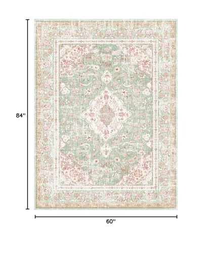 Tapete grande boho vintage lavable 5x7 verde y rosa miniatura 2