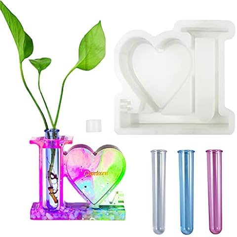 Heart Plant Flower Vase Resin Mold Photo Frame Silicone Epoxy Casting Mould Propagation Station Holder with 3 pcs Test Tube for Home Ornament Decor Plant Flower Planter Pot Craft Cover