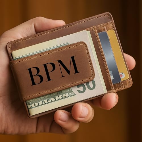 Mens Money Clip Wallet – Personalized Slim Leather Wallet with Magnetic Clip & ID Window – Custom Engraved Brown Card Holder Gift for Husband, Dad, or Boyfriend4