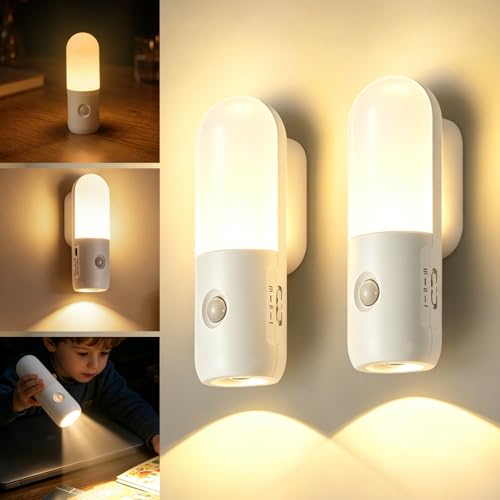 Lamptobe Luz Nocturna con Sensor de Movimiento, 2 en 1 Luz Nocturna Suave + Foco, Luz Nocturna Infantil Recargable con 3 Modos de Color (Cálido/Natural/Frío), Luz LED Adhesiva para Escaleras, Pasillo