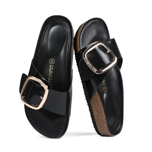 Dumalum Womens Slides Sandals Cork Footbed Flat Sandals Comfort Open Toe Buckle Flip Flops Slip On Home Slippers for Dressy Summer Beach Essentials