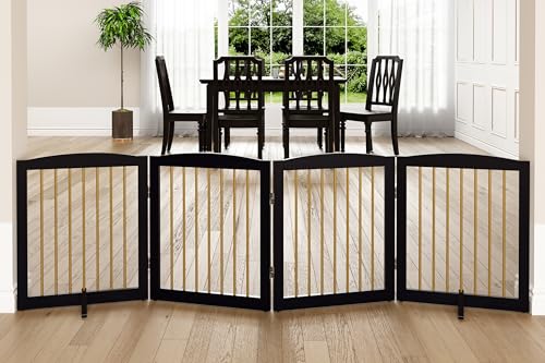 PUPETPO Freestanding Pet Gate for Dogs, Foldable Wooden Dog Gate for House, Indoor Dog Gate for Stairs, Doorways, Step Over Pet Puppy Safety Fence, 80 Inch Wide, 4 Panels 24", Black & Gold