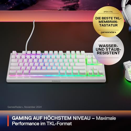 SteelSeries Apex 3 TKL White RGB Gaming-Tastatur – Kompakter Tenkeyless-Formfaktor – 8-Zonen-RGB-Beleuchtung – Wasser- und Staubresistenz… – Ansicht 2