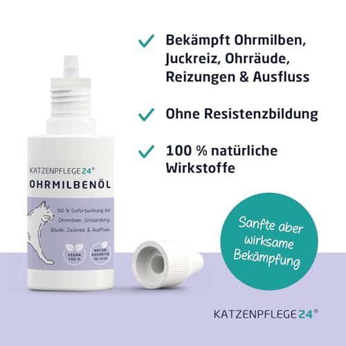 KATZENPFLEGE24 Ohrentropfen für Katzen gegen Ohrmilben, Juckreiz & Ohrentzündungen 50ml - Natürliche Sofortwirkung inkl. sanfter Ohrenpflege für Katzen - Ohrmilben Katze