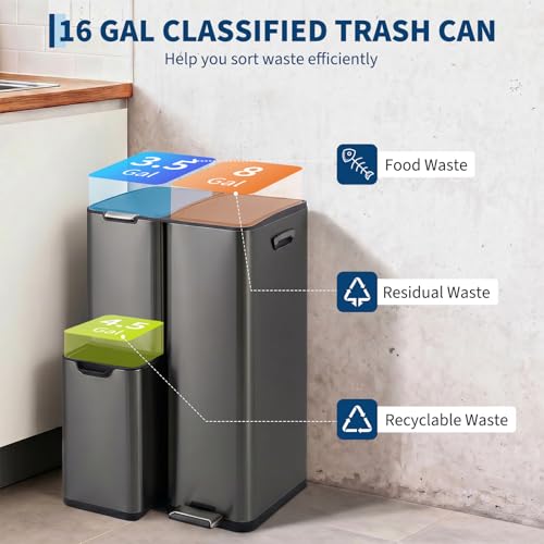 PrecisionAuto 16 Gal 3-in-1 Kitchen Trash Can, Triple Compartment Stainless Steel Garbage Can with Lid, Foot Pedal Trash and Recycle Bin Combo with Removable Inner Buckets, for Home Office, Gray by PrecisionAuto - Used condition - Image 3