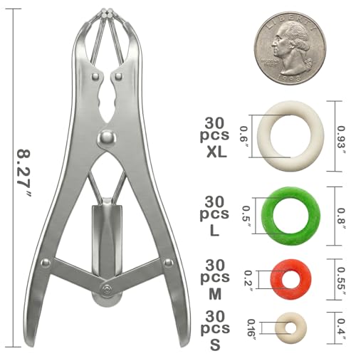 Image of Goat Banding Kit, Livestock Castration Bander with Stainless Steel Expander Pliers, 120Pcs 4 Sizes Castrator Rings and Ring Installation Tool for Goats, Lambs, Calves, Sheep, Piglets