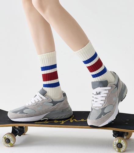Image of 3 Pairs Women Striped Tube Socks Fun Novelty Cute Crew Socks Retro Sport Mid-Calf Socks for Women Grils