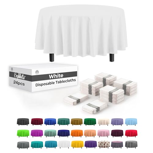 Image of Party Solids White Round Plastic Tablecloth - 84 Inch, Pack of 24