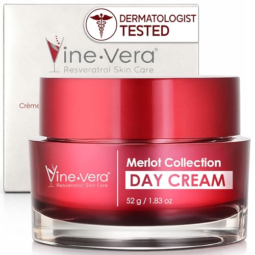 Vine Vera Merlot Day Cream - Hydrating, Fast-Absorbing, Non-Greasy - Resveratrol Face Moisturizer - Facial Cream For Dry, Normal, Mature Skin - With Shea Butter and Oat Protein - 1.83 Oz