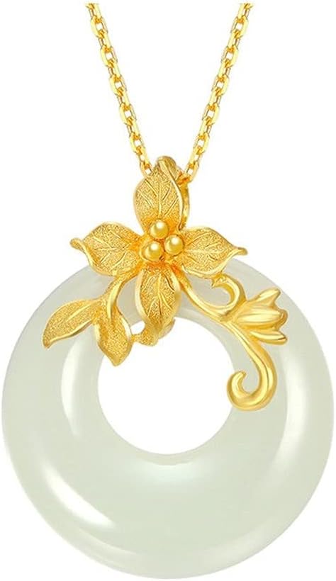 Rockyu Women's Necklace, Gold, Stainless Steel, Simple, Gold Flower, Hotan, White Ball, Round Necklace, Amulet, Good Luck, 18K Gold Plated Pendant, Fashionable Accessory, Stainless Steel Metal