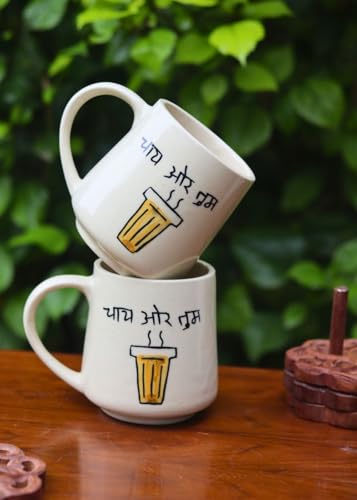 Image of WEAVING HOMES Chai or Tum Mug - The Chai Lovers 300 ML Handmade Ceramic Mugs Gift to Best Friend Coffee /Tea /Milk /Green Tea /Cold Coffee Mugs /Cup Microwave Safe & Dishwasher Safe (Set of 1)