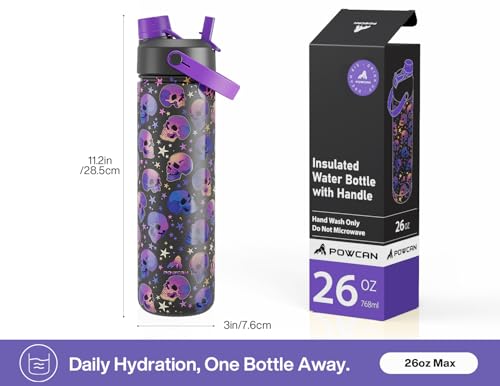 Image of 26 oz Insulated Water Bottle with 2-in-1 Straw and Spout Lid, Keep Cold 24H, Leak-Proof, Fits in Car Cup Holder, Stainless Steel Water Bottle for Gift, Trip, Holiday, Sports (Skull Realm)