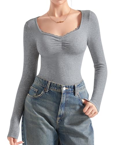 Image of SUUKSESS Women Sweetheart V Neck Long Sleeve Tops Lace Trim Ribbed Modal Fall Going Out Shirts