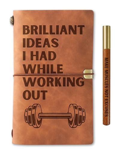 InnoBeta Gym Workout Gifts for Men Women, Journal Pen Set for Gym Rats Lovers on Birthday, Christmas, Refillable Notebook, Travel Diary, Lined Planner, 7.8x5 Inches, Brown