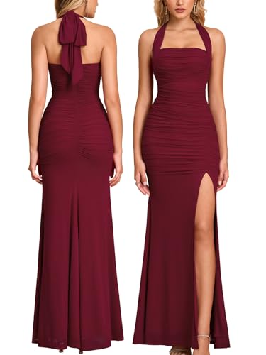 Women Bodycon Maxi Dress High Slit Halter Tie Ruched Long Formal Cocktail Wedding Guest Dresses
