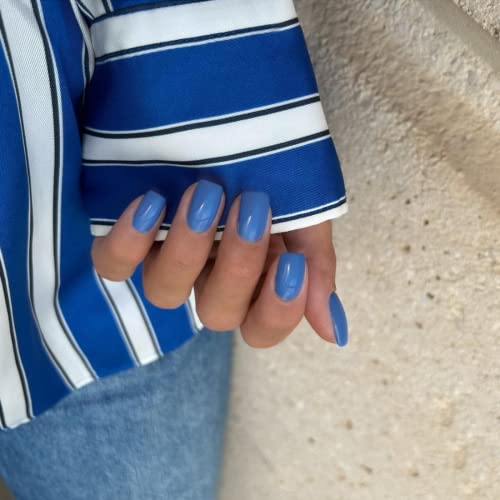 Blue Press on Nails Short Square,KQueenest Solid Fake Nails with Nails Glue Super Fit & Natural Reusable Acrylic Nails Stick on Nails in 24 PCS