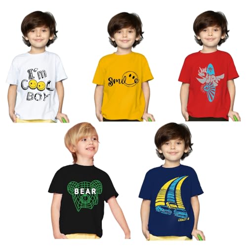 Image of Yazh Texworld Boys Round Neck Blended Cotton T-Shirts | Regular Fit | Half Sleeve | Casual Wear | Trendy | Combo Pack of 5 | Multicolor | Soft, Durable, and Stylish for Everyday use