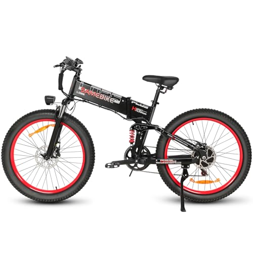 SAMEBIKE 20 * 3.0 Fat Tire Bicicleta Eléctrica de Montaña Adulto Batería Extraíble 48V14AH Bicicletas Eléctricas Plegables de 26 Pulgadas con Pantalla LCD de Velocidad Ebikes (LO26-II, Negro)
