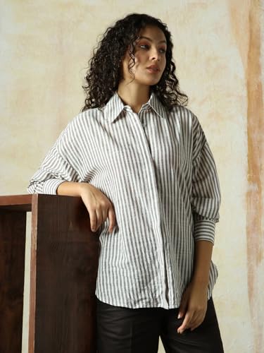 Image of HIGH Star Oversized Striped Cotton Shirt for Women | Stylish Tops for Women | Comfortable and Trendy Casual Shirt