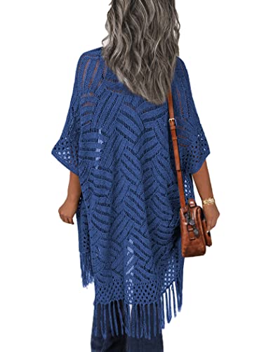 Image of HOTOUCH Women's Lightweight Crochet Cardigan Short Sleeve Open Front Kimono Knit Summer Cardigans Sweaters Blue