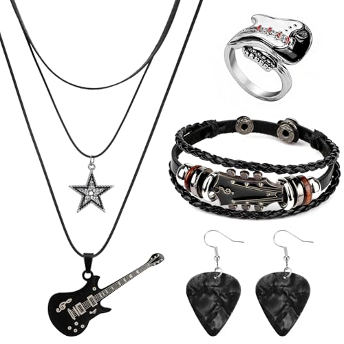 MWOOT Punk Musik Schmuckset, Y2K Gitarre Stern Lagenkette, Vintage Lederarmband, Punk Gitarrenring, Gitarre Plektron Ohrringe, Rock Schmuck für Konzert Musikfestival Party Alltagsoutfit