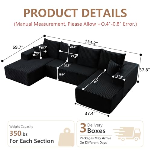 Image of 134.2 inch Modular Sectional Sofa, Modern Corduroy Cloud Couch with Deep Seat, Boneless Couch Upholstered 4-Seater U-Shaped Sofa for Living Room, No Assembly Required (Black)