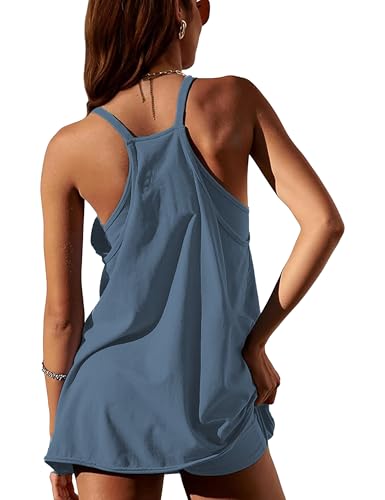 Image of Womens Athletic Sundress with Built-in Shorts Golf Tennis Romper | Sleeveless Mini Spaghetti Strap dress Functional side pockets tummy-friendly fit casual beach vacation