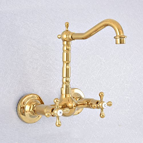 Grifo de lavabo de pared en oro pulido con canilla giratoria monomando para bano y cocina